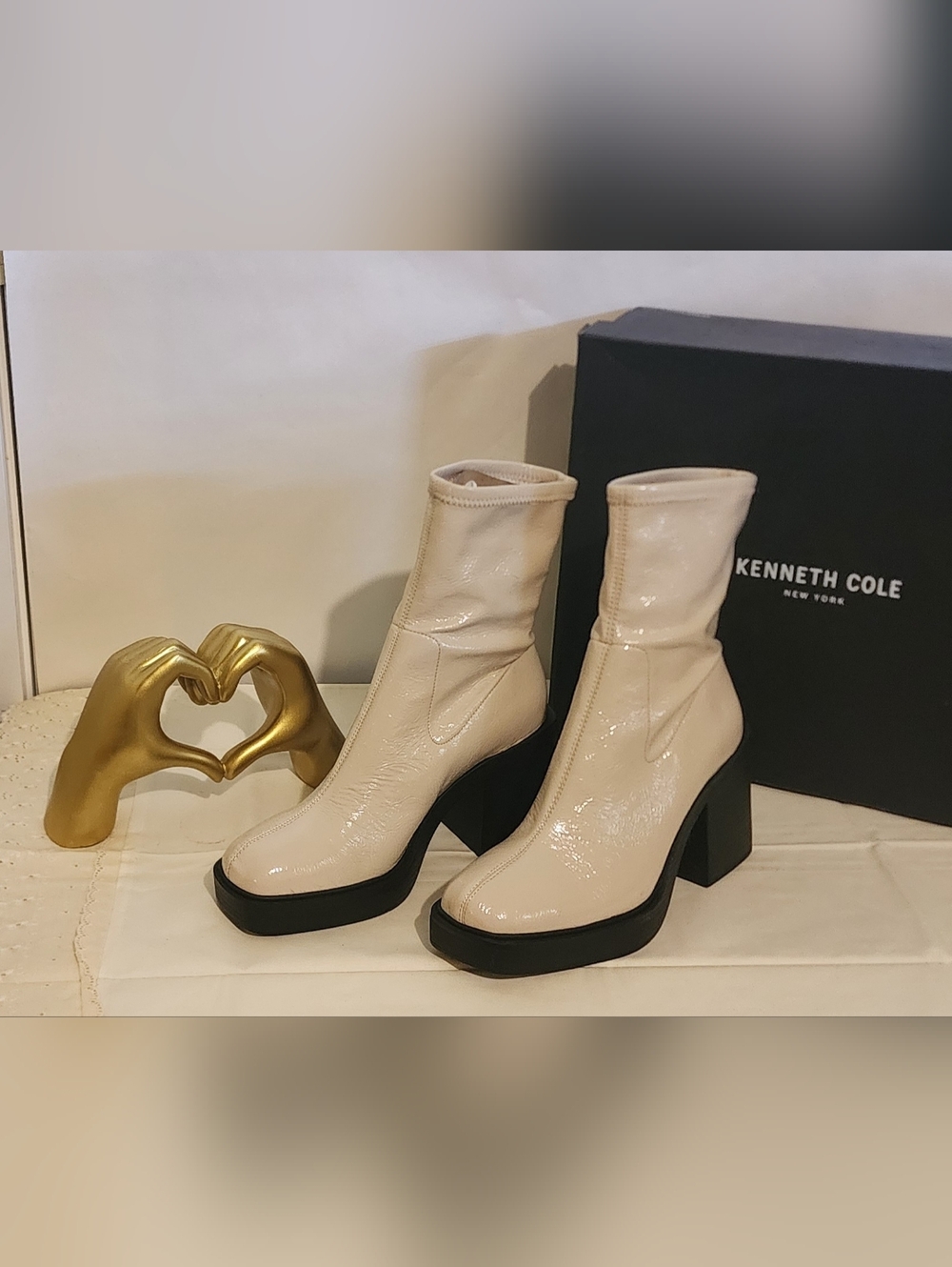 Kenneth Cole Cream Patent Platform Block Heel Ankle Boots